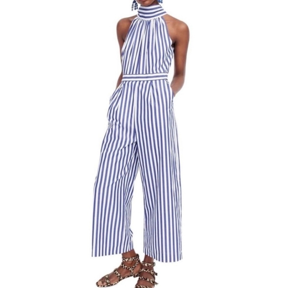 J.Crew Striped Halter Neck Wide Leg Jumpsuit Blue White Bow Back Size 10